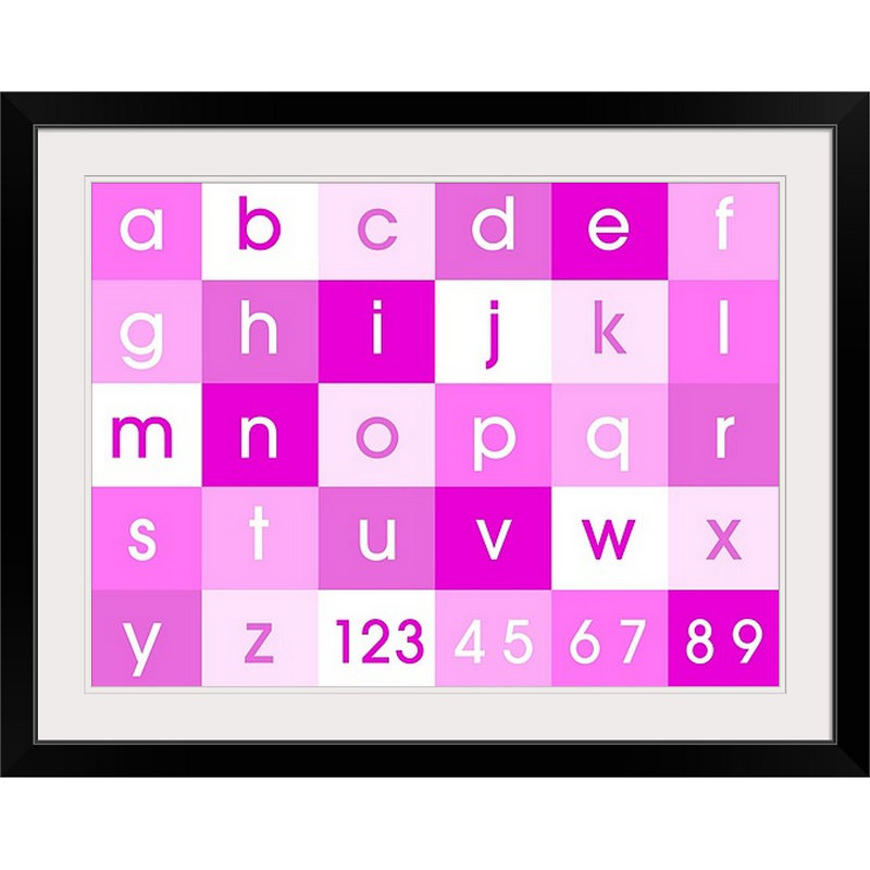 «Alphabet» par Justin, art textuel en rose, H 18 po x l 24 po x P 1,25 po, Toile