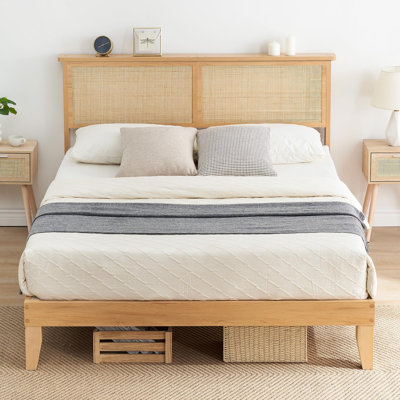 Rattan Bed Frame Queen with Natural Rattan Headboard, Queen Bed Frame with LED Lights, Rattan Queen Bed Frame with Headboard, Solid Wood Foundation with Silent Slats, No Box Spring Needed, Queen
