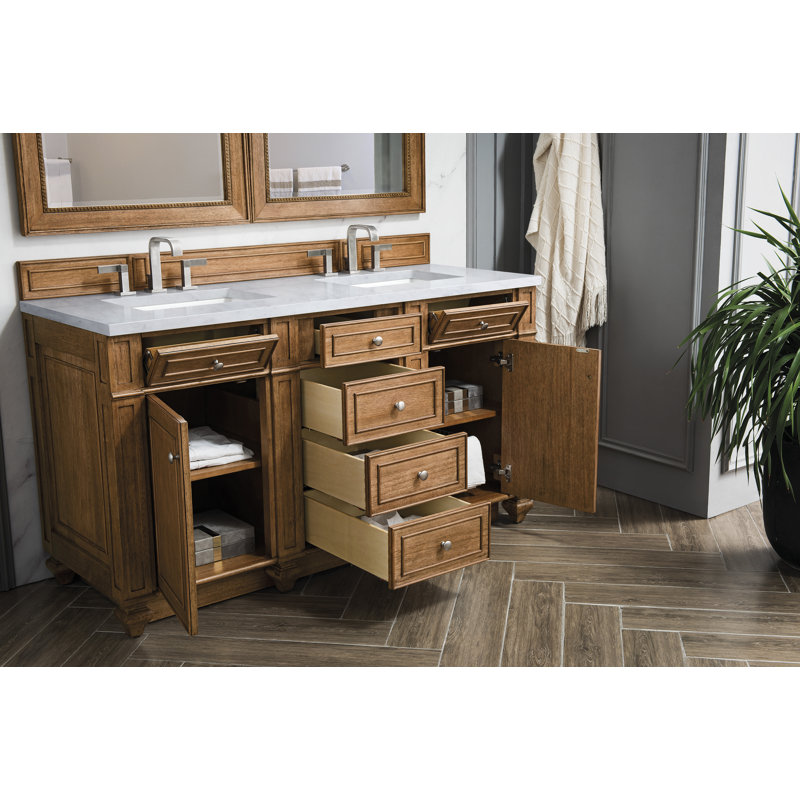 Meuble-lavabo double 60 po Bristol avec chargeur sans fil FreePower, Brun selle, Perle jasmin éternelle