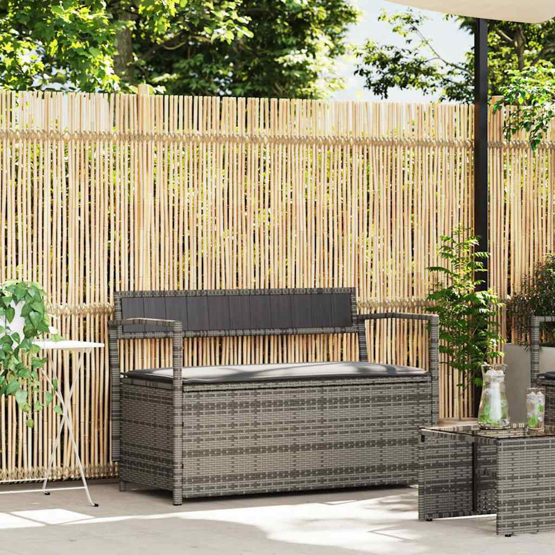 Banc de rangement pour patio avec coussin en rotin de polyester, Gris, Gris foncé