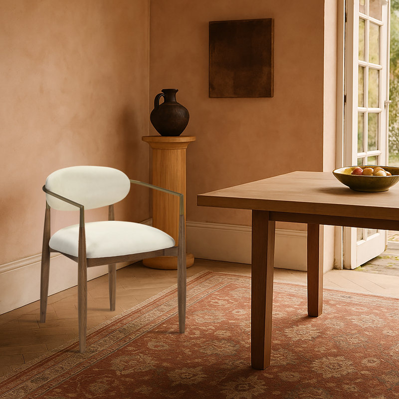 Riccio Vegan Leather Upholstered Dining Arm Chair, Cream Vegan Leather, Stained Walnut / Brushed Brass