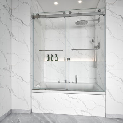 Porte de douche sans cadre l 56 "à 61" x H 66 "Kavrton, double porte de douche coulissante en Gunmatel, verre trempé transparent de 3/8" (10mm) avec 2 barres à serviettes