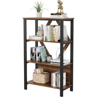 4 Tier Bookshelf with LED Lights, Industrial Bookcase Open Display Shelf, Tall Bookshelf Organizer with Baffles, Wooden Freestanding Bookshelf Storage
