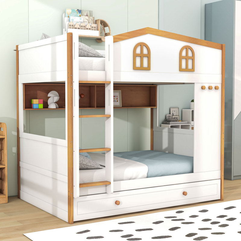 Lit superposé avec conception de maison ludique et tablettes de rangement intégrées, lit gigogne simple
