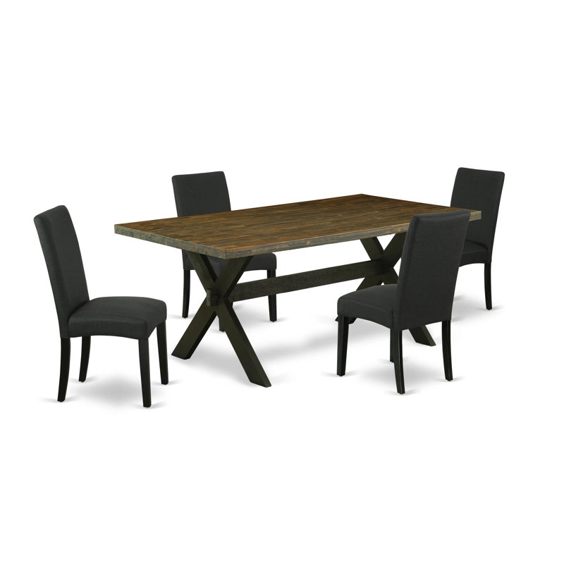 5 Piece Dining Room Table Set Includes a Rectangle Dining Table with X-Legs and 4 Black Color Linen Fabric Upholstered Chairs, Multi-Color