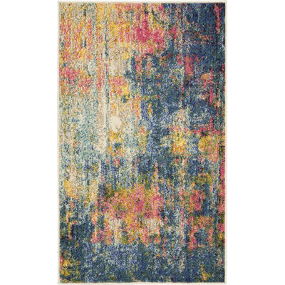2' X 4' Blue And Yellow Abstract Power Loom Non Skid Area Rug