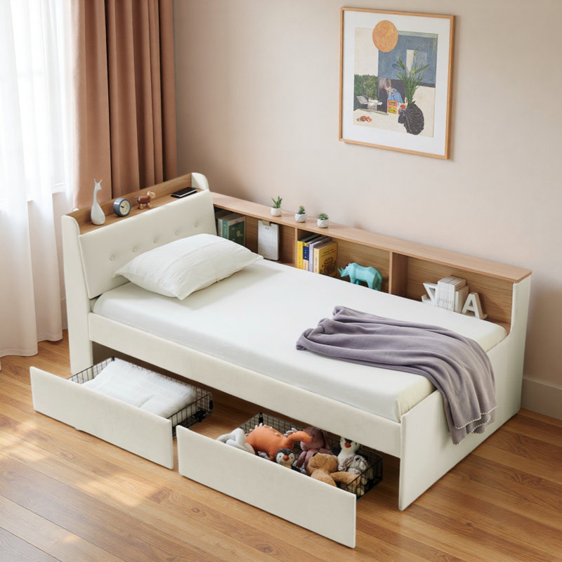 Lit de jour multifonctionnel avec tête de lit, chargement sans fil, 2 tiroirs de rangement et lumières à DEL, Beige