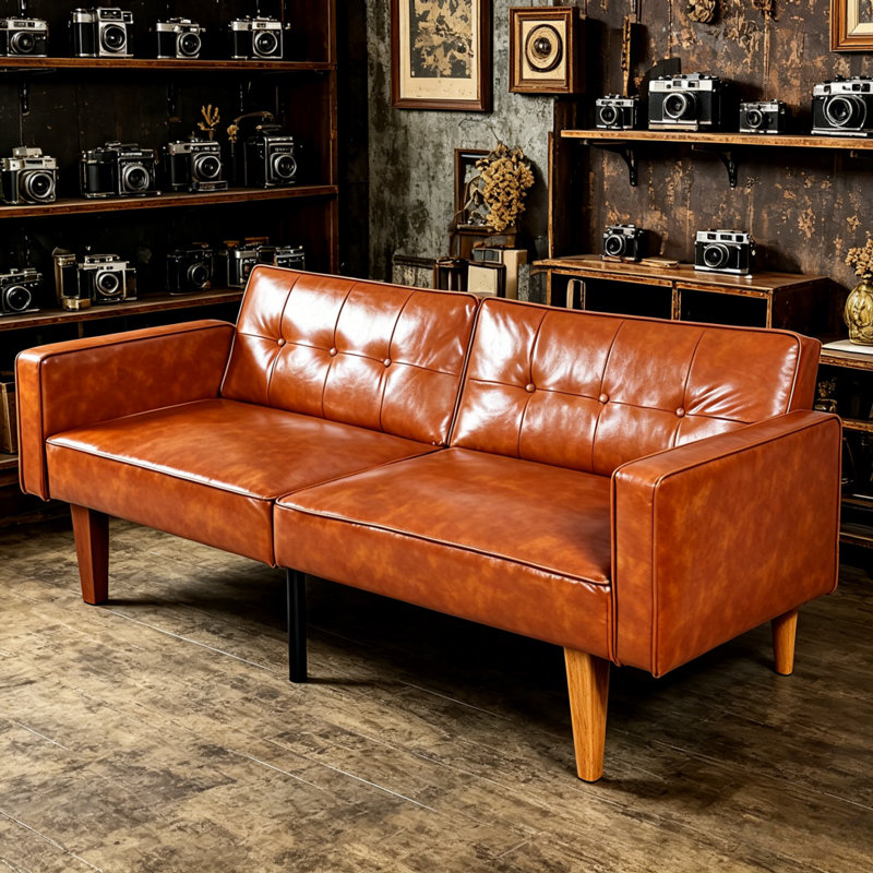Canapé-lit moderne en cuir PU avec dossier inclinable réglable, conception capitonnée, pieds en bois massif et en métal, canapé de salon