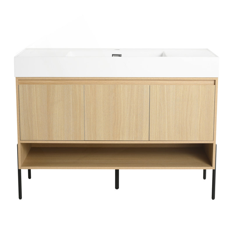 Ensemble de meuble-lavabo 48 po avec lavabo simple en résine, ensemble d'armoires de rangement modernes, 3 portes, bois massif multicouche