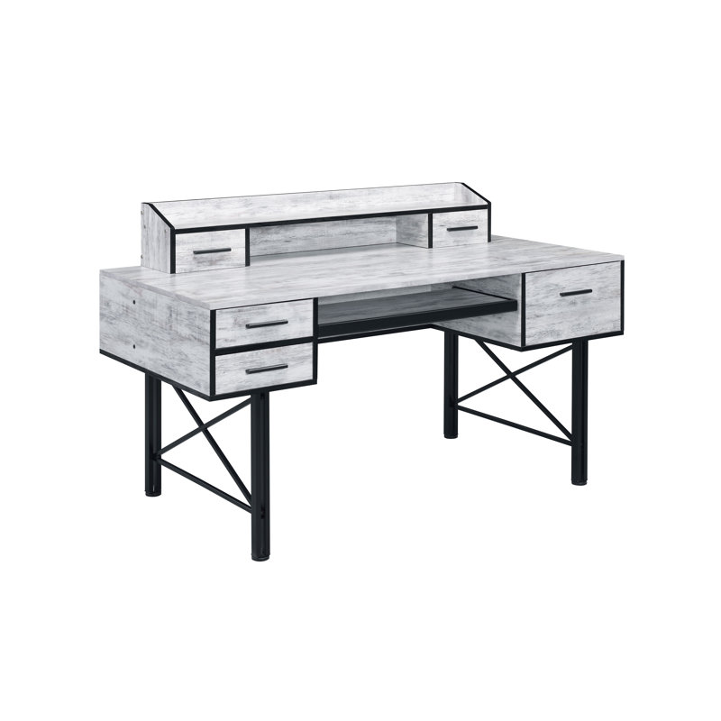Bureau d'ordinateur avec tiroirs, tablette et base en métal Finley, Blanc/Noir