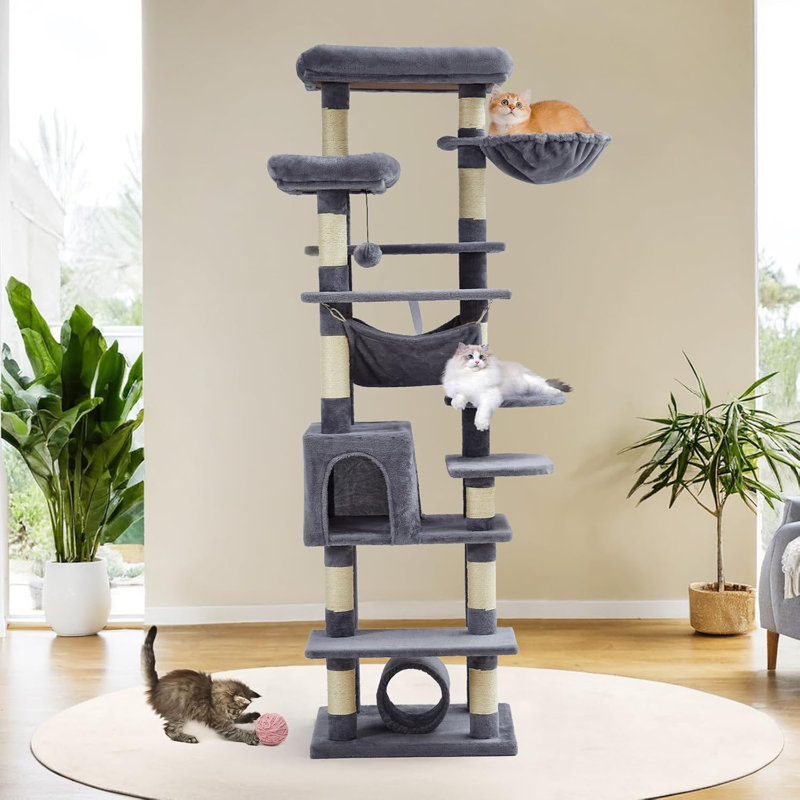 Grand arbre à chat 67 po, avec grattoir, condo pour chat, plateformes, tunnel, hamac, station de nourriture et bols, Gris
