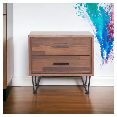 Deoss Walnut Finish Accent Table - Modern Nightstand with 2 Storage Drawers, Metal Legs, Bedroom Side Table