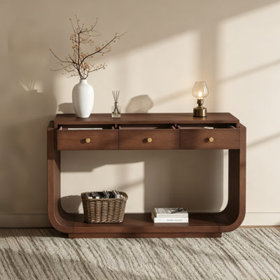 Walnut Classic Entryway Console Table, Multi Storage Drawers Open Shelf Side Table With Curved Leg Design