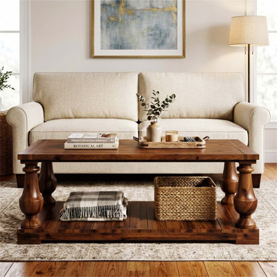 Farmhouse Coffee Table with Storage Shelf, Solid Wood Turned Legs, 2-Tier Rustic Wood Center Table for Living Room