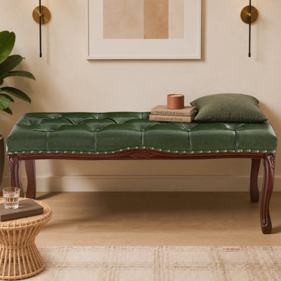 Mid-Century Tufted Bedroom Bench, 45.3"W Upholstered End of Bed Bench with Nailhead Trim and Carved Solid Wood Legs, Faux Leather Ottoman Bench for Bedroom, Entryway,Green