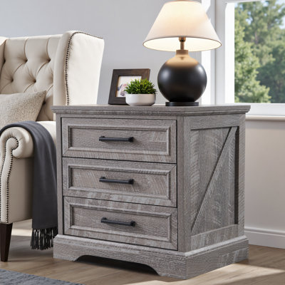 Farmhouse 22'' Wide  Nightstand With Charging Station, Rustic Wood End Table With 3 Large Drawers & Bar Handles