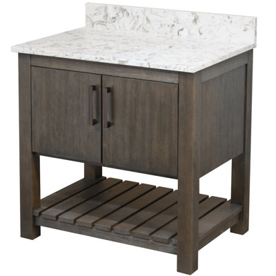 30-inch Bathroom vanity with café mocha quartz top, Oil Rubbed Bronze Hardware and Mirror