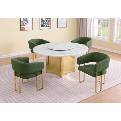 White Marble Dining Set With Lazy Susan And Teddy Fabric Chairs