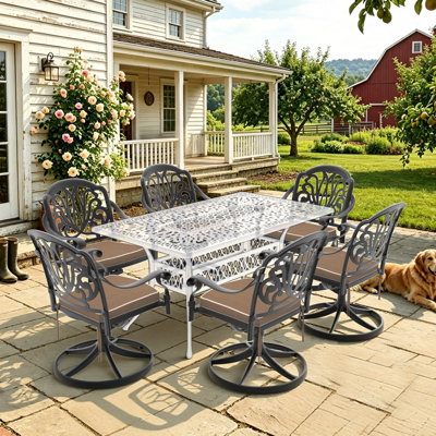 Outdoor Cast Aluminum Swivel Patio Chair With 360° Swivel Function, Brown Cushion - Set Of 6