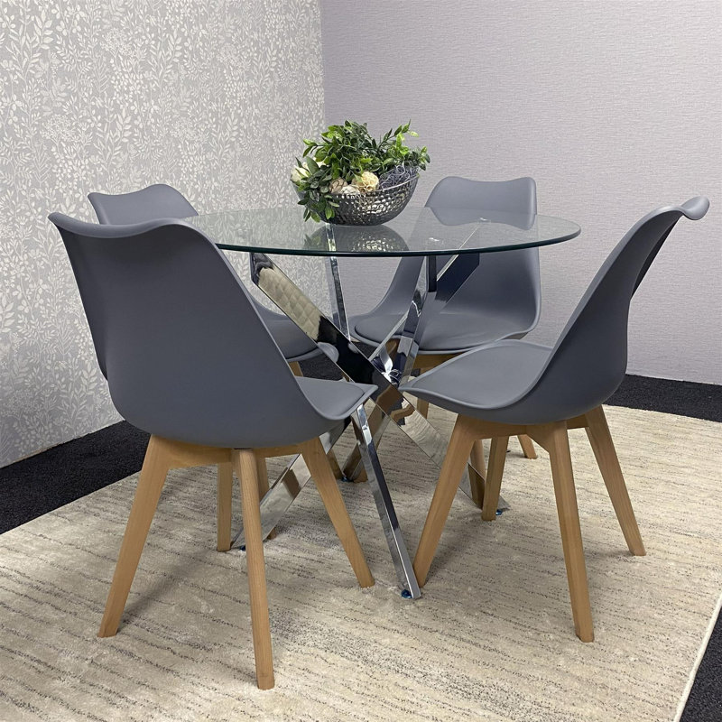 Round Glass Dining Table with Velvet Chairs - Dining Kitchen Room Furniture, Grey