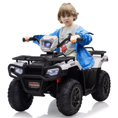 Quad électrique 12V pour enfants, deux moteurs de 30 W, vitesses haute et basse 1,5 - 2,2 MPH, lumières DEL, port USB et musique, pour les enfants de 2,5 à 5 ans, charge maximale de 55 lb, blanc