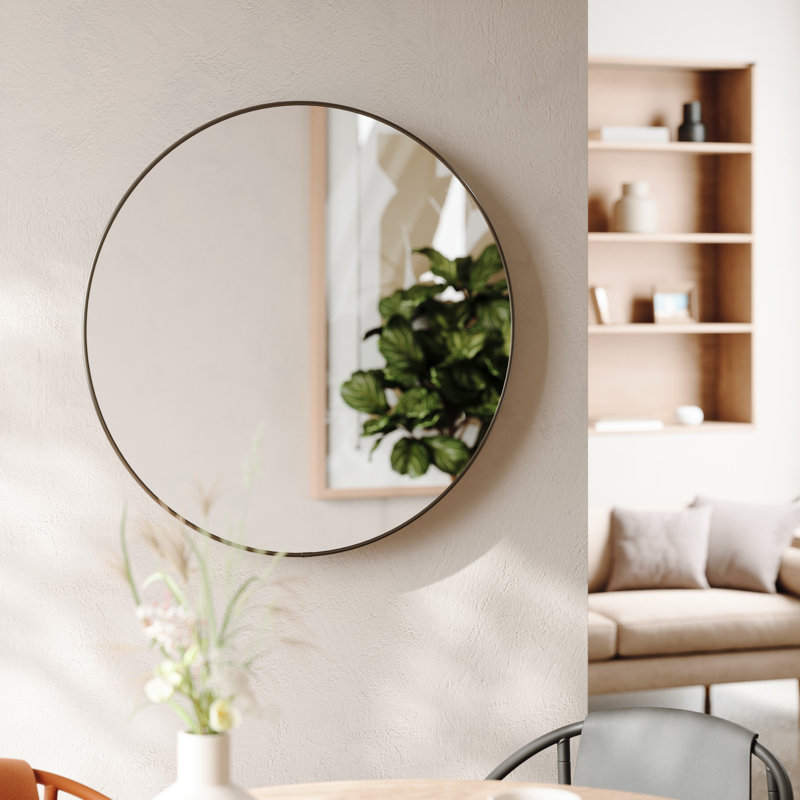34" Round Wall Mirror with Metallic Frame for Bathroom, Entryway, Living Room, Titanium