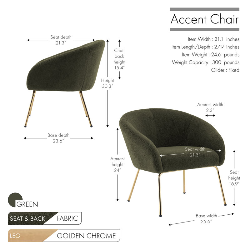 Fabric Upholstered Accent Chair with Gold Chrome Legs, Dark Green Polyester Blend