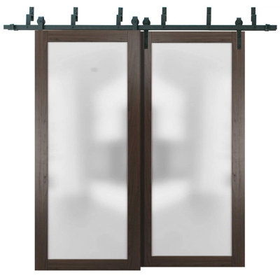 Portes de grange coulissantes en verre givré avec quincaillerie | Planum 2102 | Ensemble de quincaillerie robuste pour rails 6,6 pi | Portes de garde-robe modernes en bois massif pour chambre à coucher