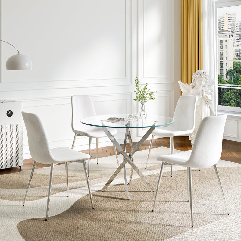 36" Round Glass Dining Set, Modern Cross Stainless Steel Base and 4 Velvet Upholstered Dining Chairs, Silver, White/Silver