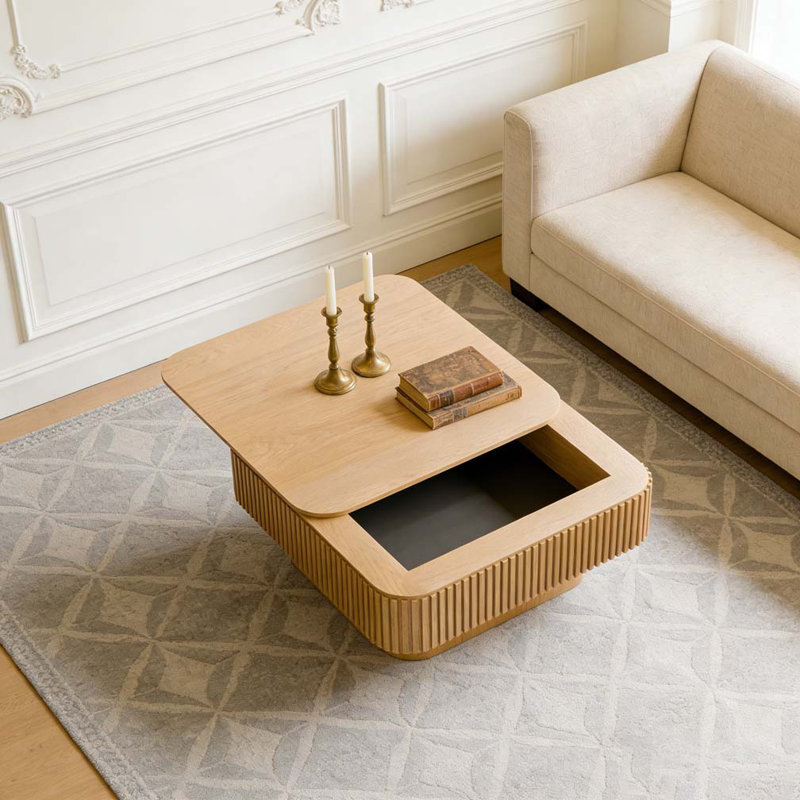 Table basse carrée 31,5 "avec rangement, Bois naturel