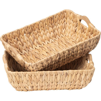 Wicker Baskets With Handles, Natural Wicker Basket For Organizing Shelves, Small Hand Woven Water Hyacinth Storage Baskets Set Of 2