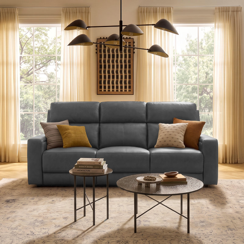 Canapé 3 places en cuir véritable double puissance avec porte-gobelets escamotables et port USB intégré, Gris