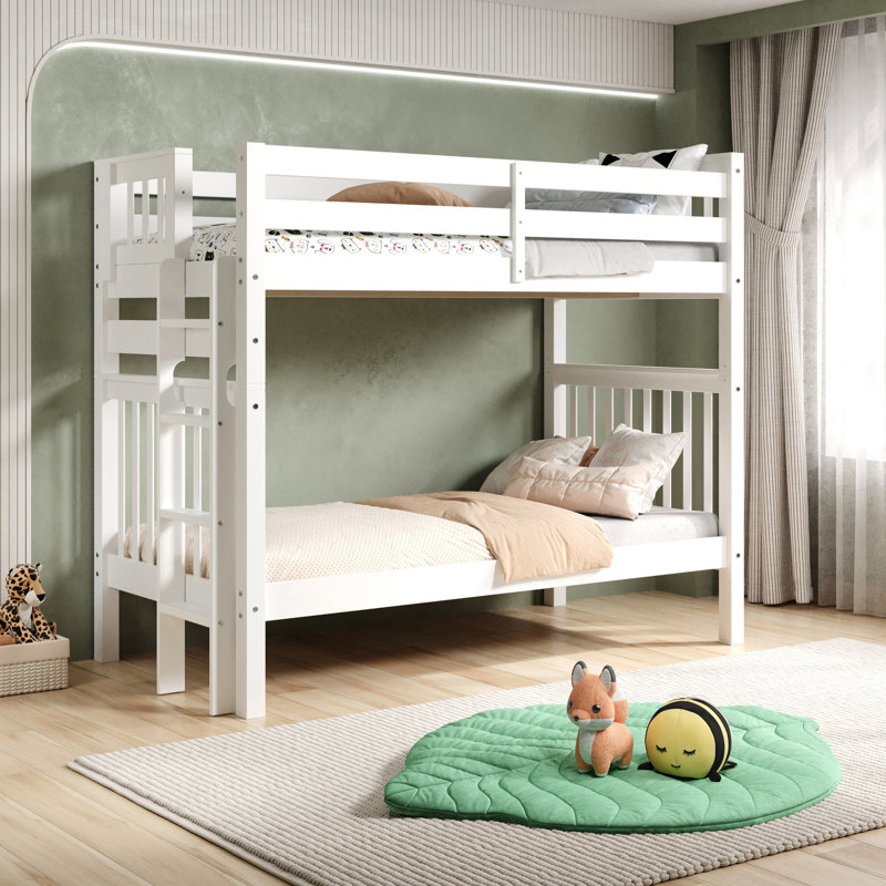 Tena Tall Solid Wood Standard Bunk Beds Twin over Twin with 4 Step Ladder, White, White, Twin over Twin
