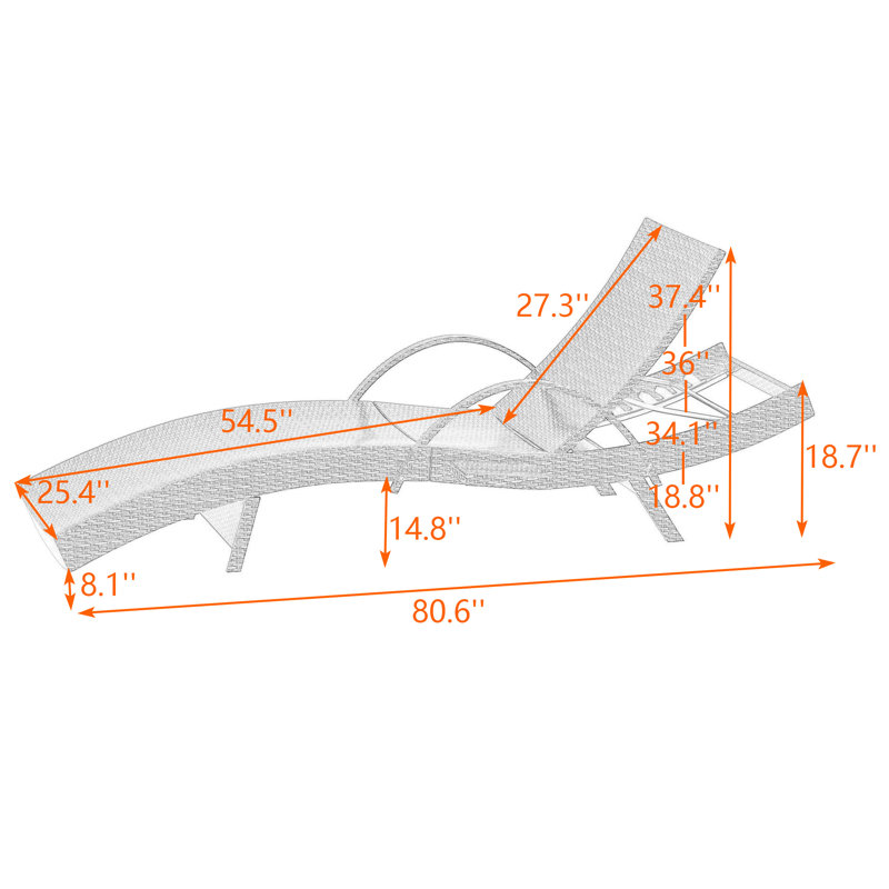 All-Weather Wicker Patio Chaise Lounge with Pull-Out Side Table and Adjustable Backrest, Gray