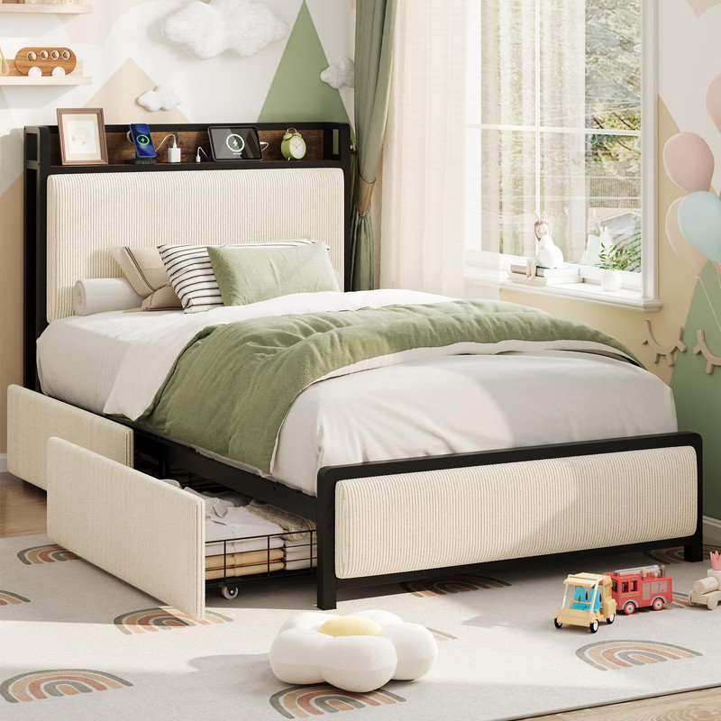 Twin-XL Storage Bed with Charging Headboard, Black Corduroy Upholstered Platform Bed Frame, 2 Rolling Drawers, USB Type-C Ports, No Box Spring Required