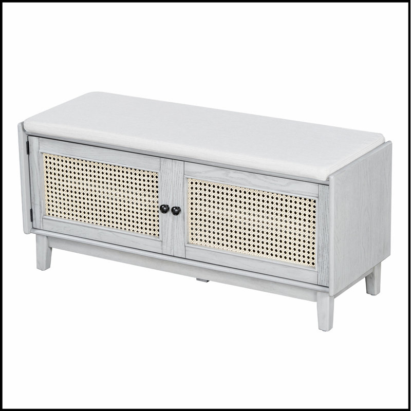 Boho Rattan Entryway Bench With Storage, Cushioned Shoe Bench With Double Doors, Wooden Shoe Organizer For Hallways