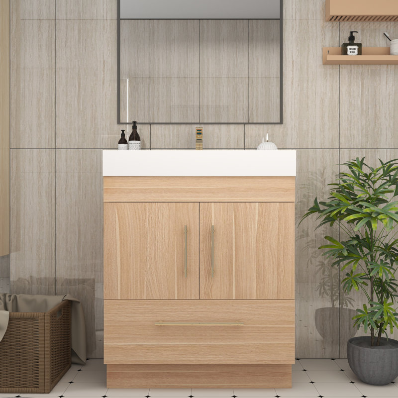 30'' Single Bathroom Vanity with Acrylic Top, Champagne Oak