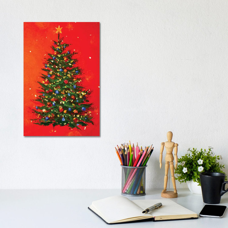 Christmas Tree On Red Background - Wrapped Canvas Painting, 20.32 cm H x 30.48 cm W