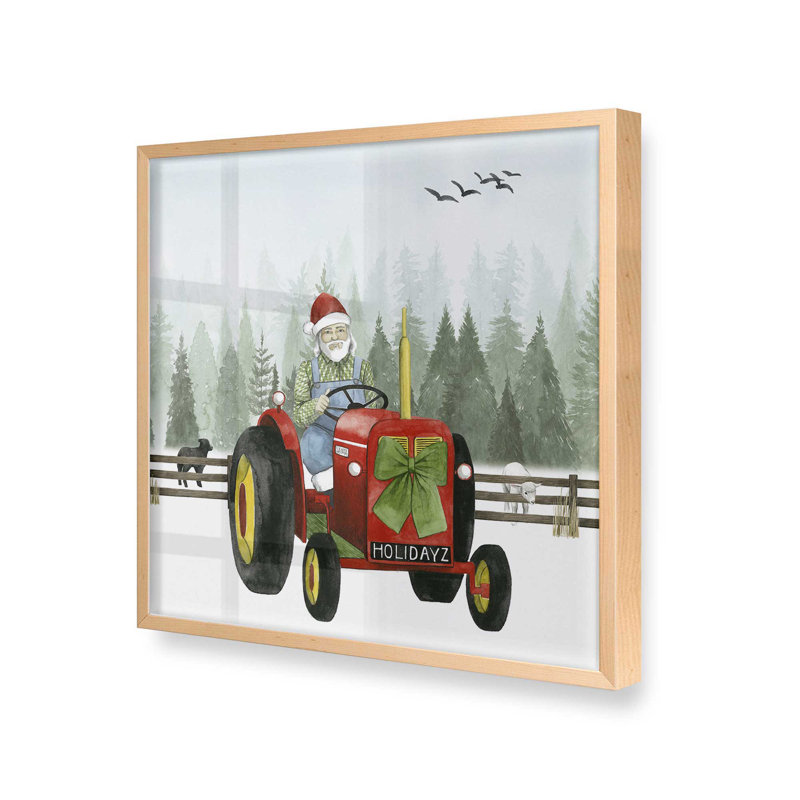 Santa's Christmas Tractor Ride I Print, 13.5" H x 13.5" W, Raw Maple Single Picture Framed, Solid Wood