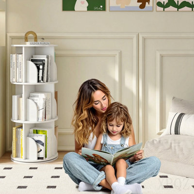 Rotating Bookshelf, Wood Corner Bookshelf, 360 Display Spinning Bookcase Storage Rack, 3 Tier Floor Standing Revolving Bookcase Narrow Book Shelf Organizer for Small Space, Bedroom, White