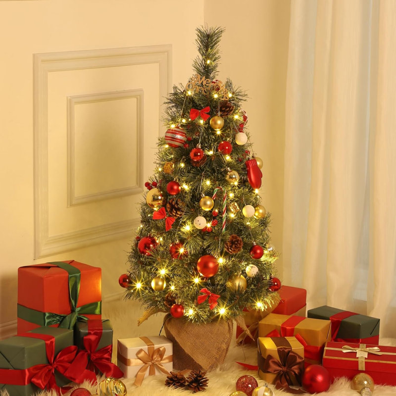 Arbre de Noël 3 pi, petit arbre de Noël, décoration d'arbre de Noël de table avec lumières blanc chaud, vert, pommes de pin, baies rouges, arbre de Noël artificiel en pot pour bureau