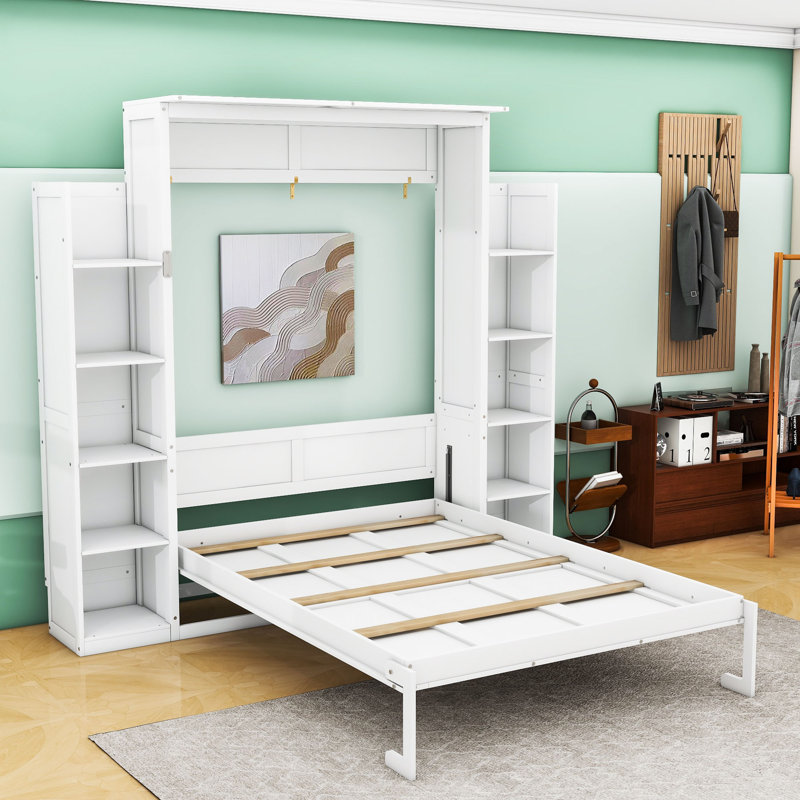 Rashem Wood Murphy Bed with Shelves and LED Lights, Full, White