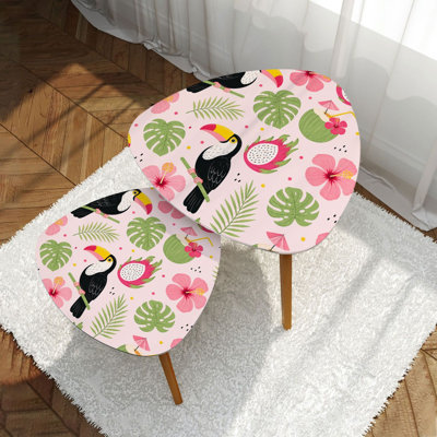 Moderne minimaliste tropical Toucan Hibiscus fleurs feuilles de palmier Rose Triangle Table basse gigogne Ensemble de 2 tables de bout autoportantes multifonctionnelles pour économiser de l'espace Table d'appoint empilable pour les familles Loueurs Salon Chambre à coucher Décoration intérieure