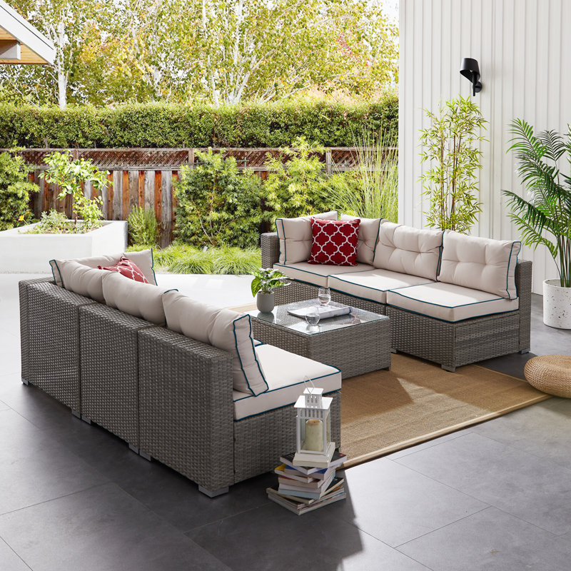 6 - Person Modular Patio Conversation Set with Cushions, Blue outline on the cushions