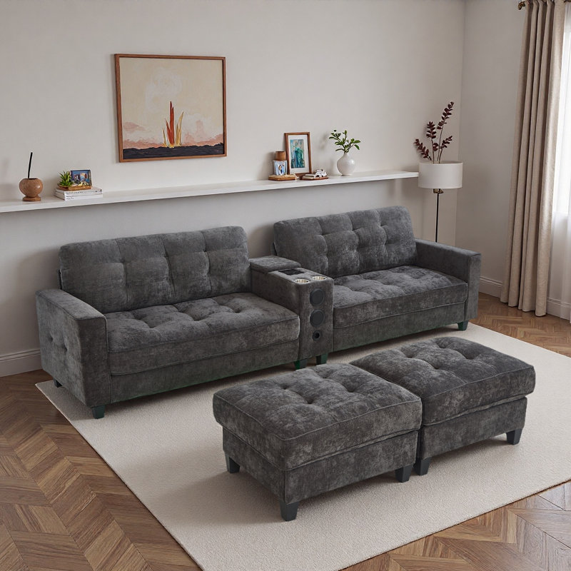 Modern U-shaped Sectional With Movable Storage Ottomans, Multifunctional Console, Bluetooth Speakers And Led Lights, Gray