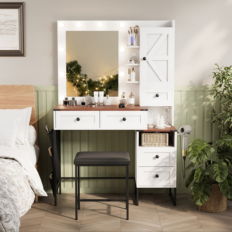 Makeup Vanity Desk with LED Light, Big Mirror and Charging Station