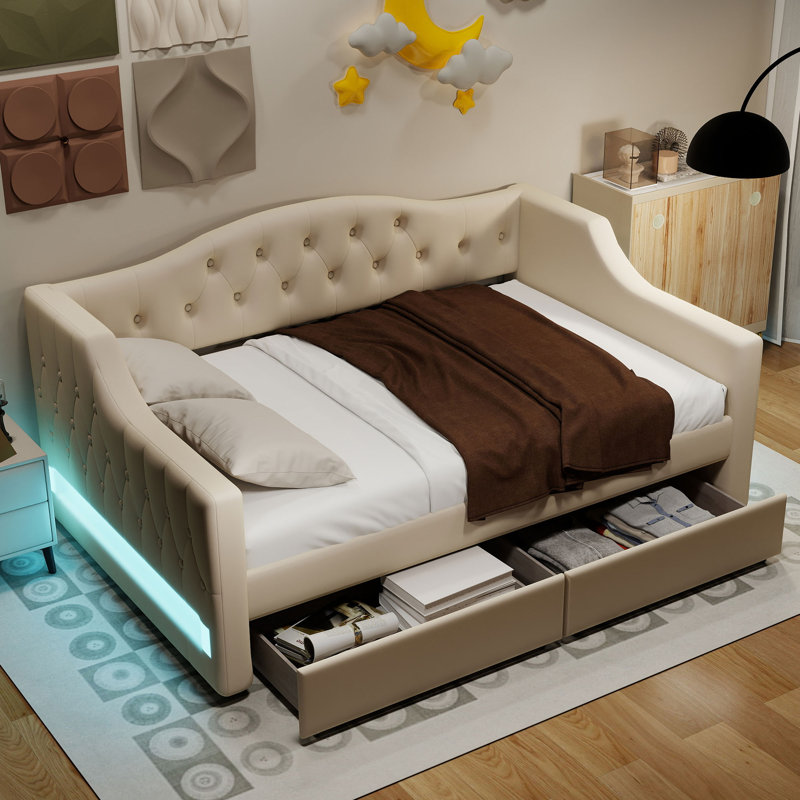 Daybed With Led Belt And 2 Drawers, Beige