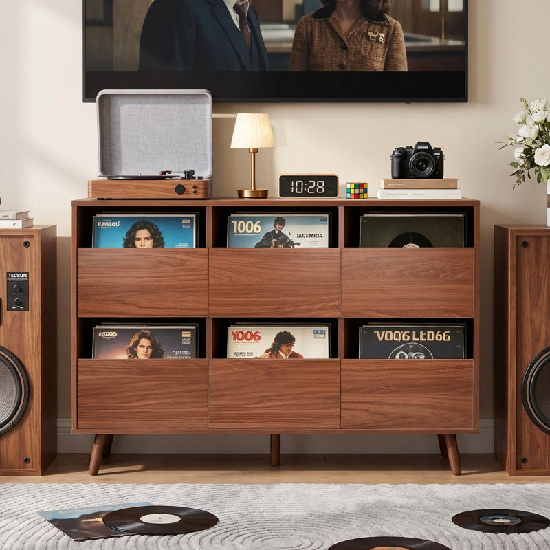 Grand tourne-disque de 44,1 po, support de table tournante Mid-Century, table de joueur rétro avec rangement spacieux