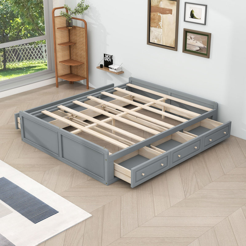 Grand lit plateforme en bois avec 6 tiroirs