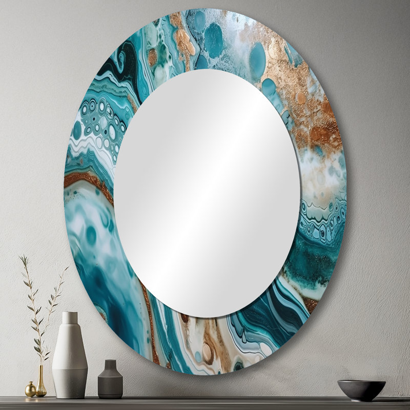 Orlen or bleu demi-cercle marbré abstrait IV - miroir en marbre, miroir mural décoratif moderne, impression d'art en métal